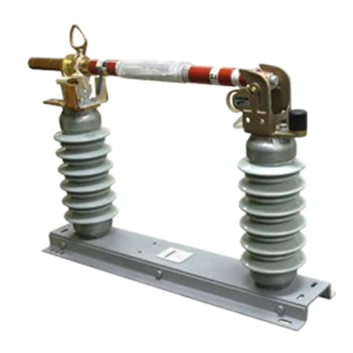 High-voltage electrical fuse mounted on an insulator base.