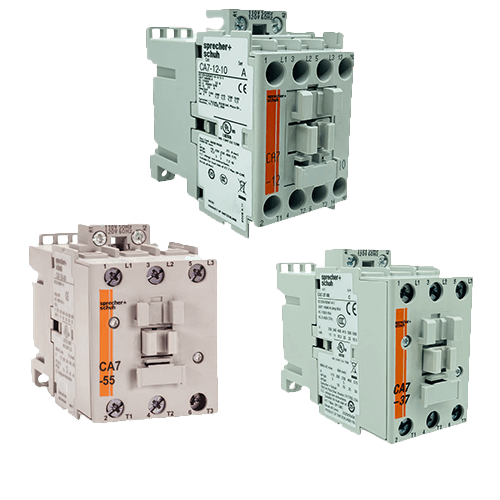 Three electrical contactors on black background.