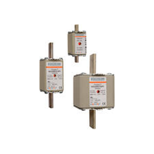 Three industrial electrical fuses on display.